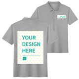 Custom gray cotton polo shirt with "YOUR DESIGN HERE" print, casual golf shirt.