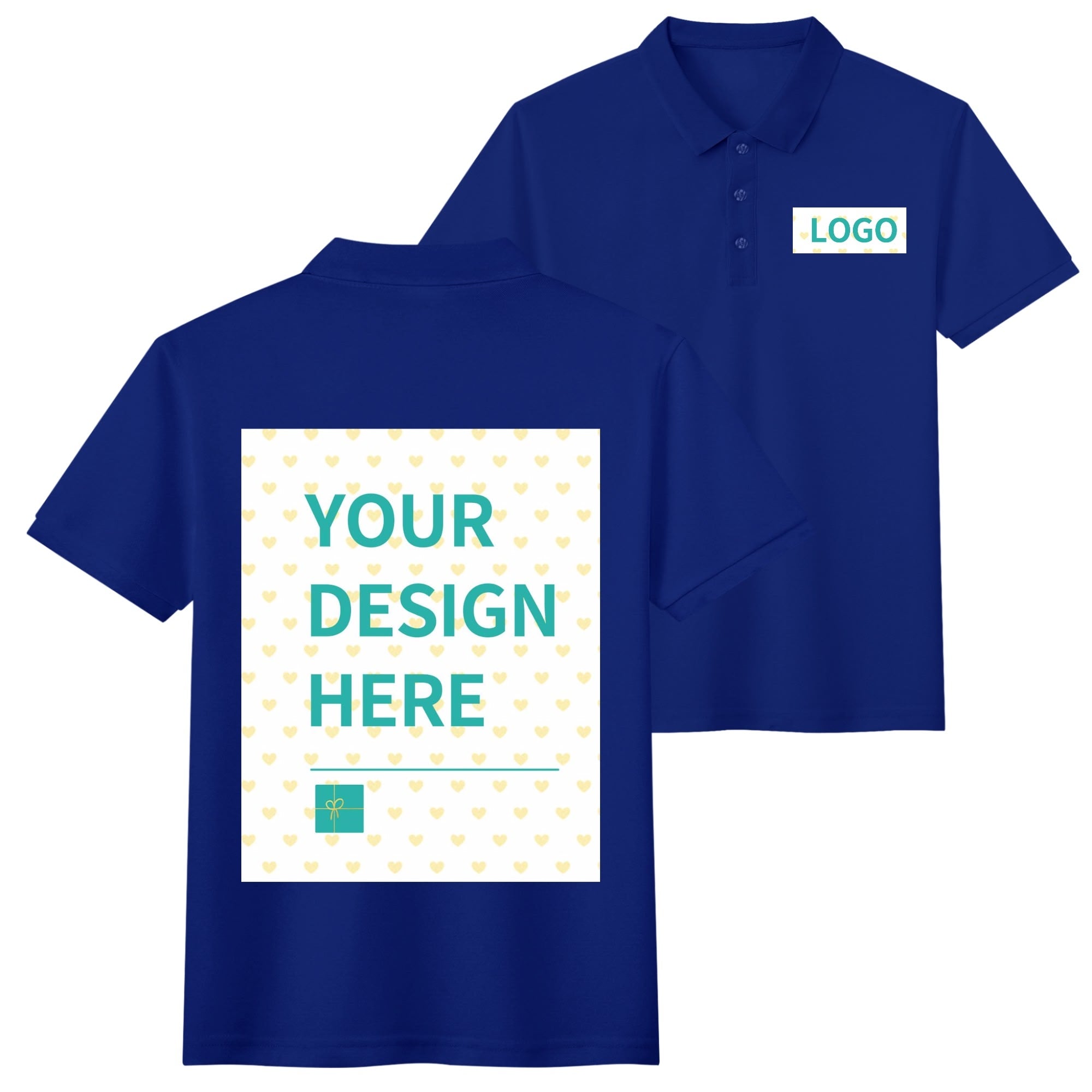 Custom navy blue polo shirt with 'YOUR DESIGN HERE' print, cotton golf shirt for personalization.