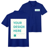 Custom navy blue polo shirt with 'YOUR DESIGN HERE' print, cotton golf shirt for personalization.