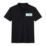 Black cotton polo shirt with custom "LOGO" design, unisex casual golf shirt