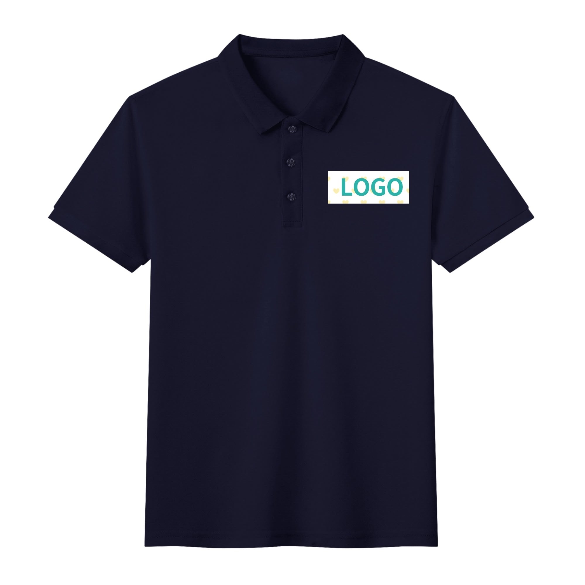 Navy blue cotton polo shirt with custom logo print, unisex casual golf shirt.