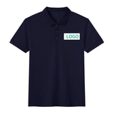 Navy blue cotton polo shirt with custom logo print, unisex casual golf shirt.