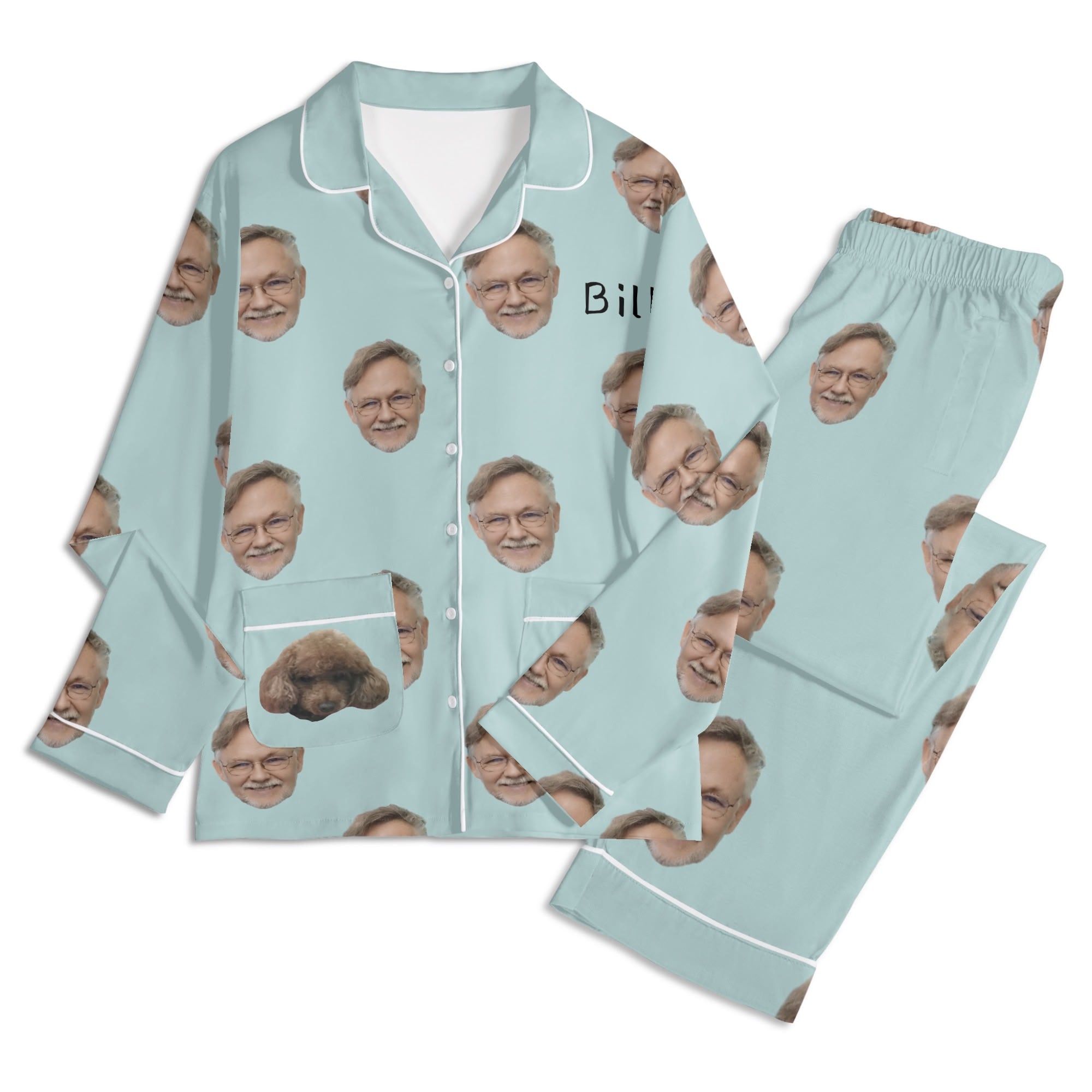 Personalized Unisex Pajamas Set featuring faces and name "Bill", light blue sleepwear