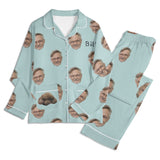 Personalized Unisex Pajamas Set featuring faces and name "Bill", light blue sleepwear