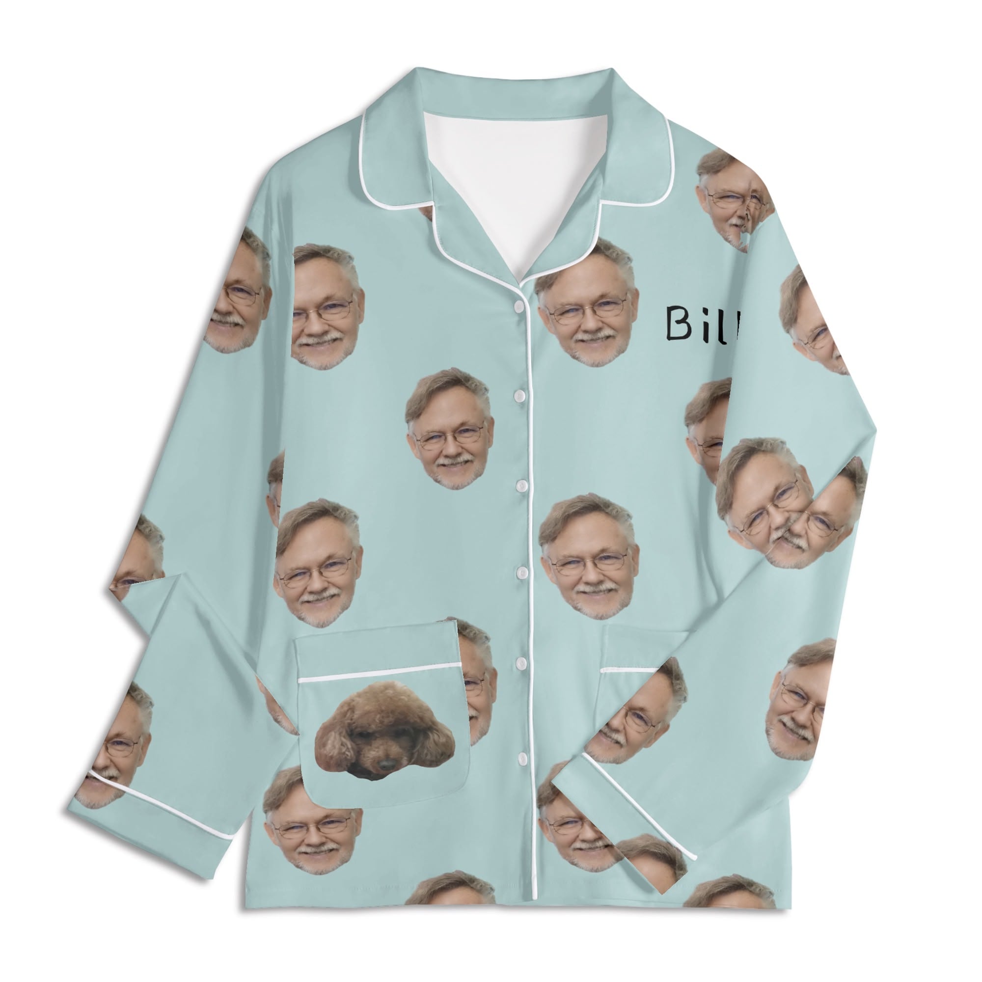 Custom unisex pajamas set with Bill's face in light blue, personalized sleepwear, long sleeve and pants