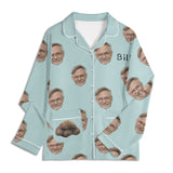 Custom unisex pajamas set with Bill's face in light blue, personalized sleepwear, long sleeve and pants