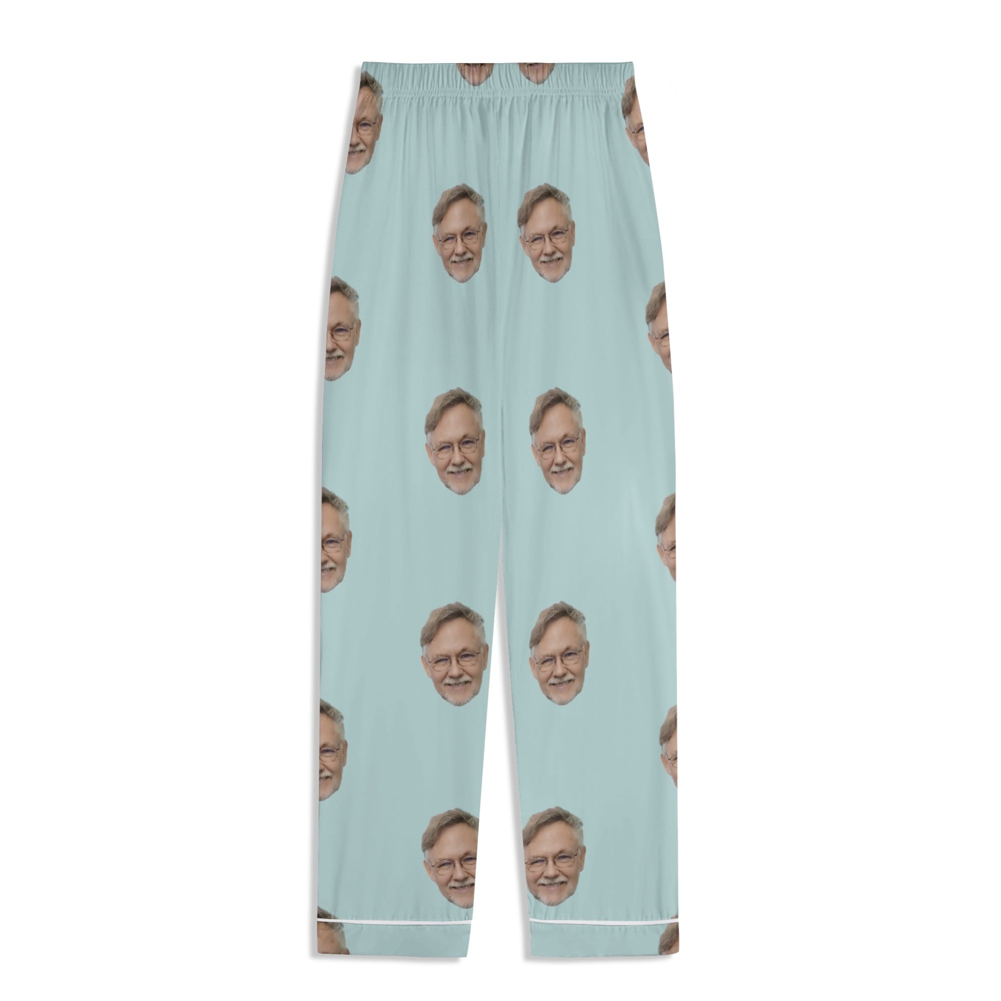 Light blue personalized pajama pants with repeating face pattern, custom sleepwear gift