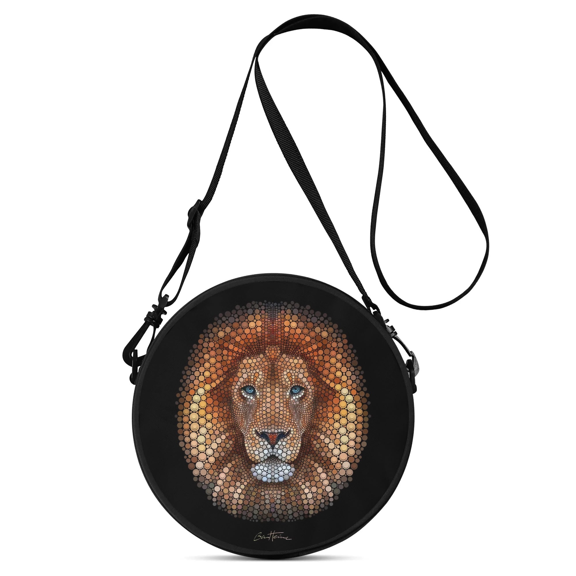 Round Crossbody Bag with Ben Heine Lion art, black bag with adjustable strap, circle shoulder bag