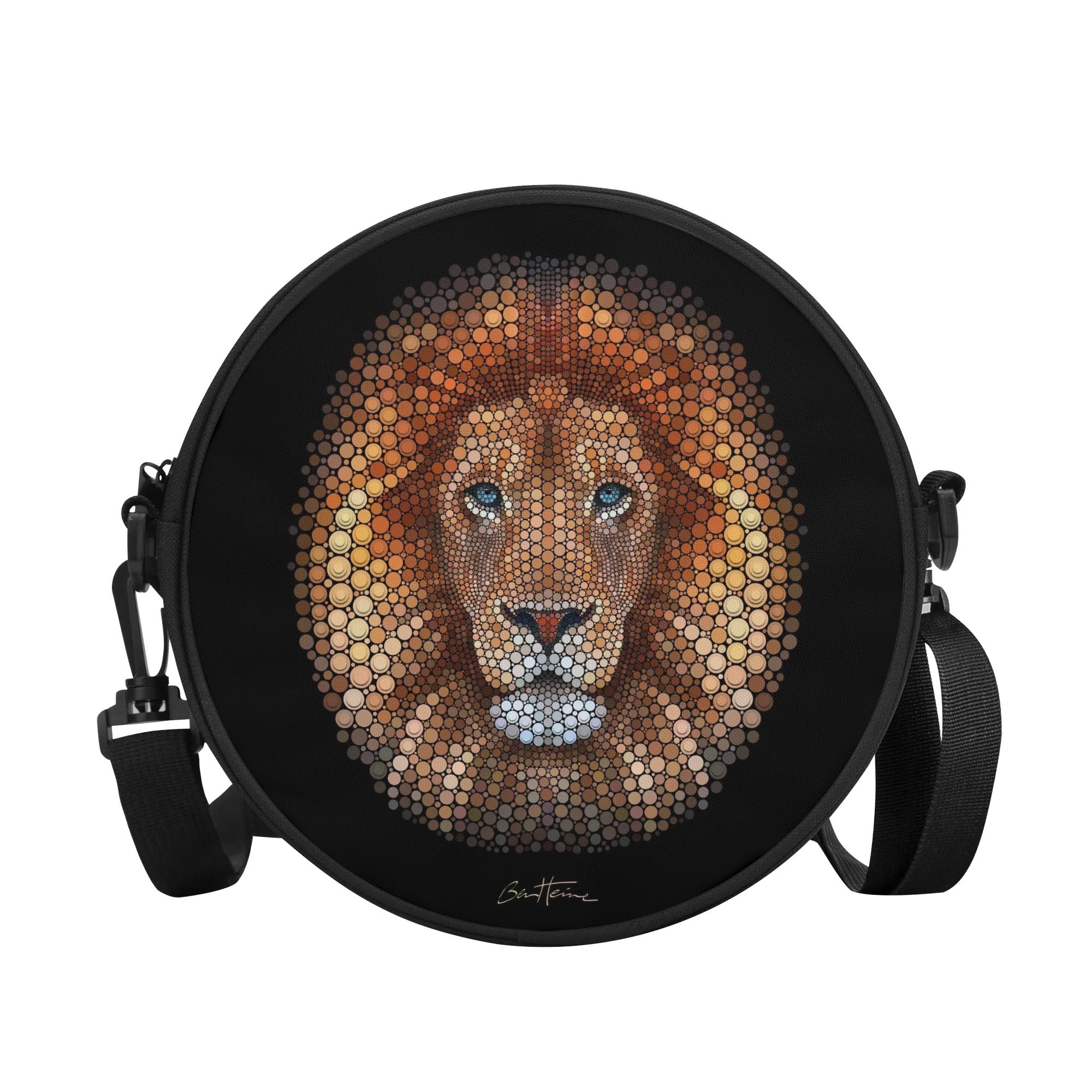 Round crossbody bag with Ben Heine Lion art, black shoulder bag, circle purse.