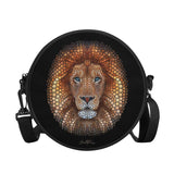 Round crossbody bag with Ben Heine Lion art, black shoulder bag, circle purse.