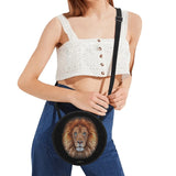 Round crossbody bag with Ben Heine Lion art, black shoulder bag, adjustable strap