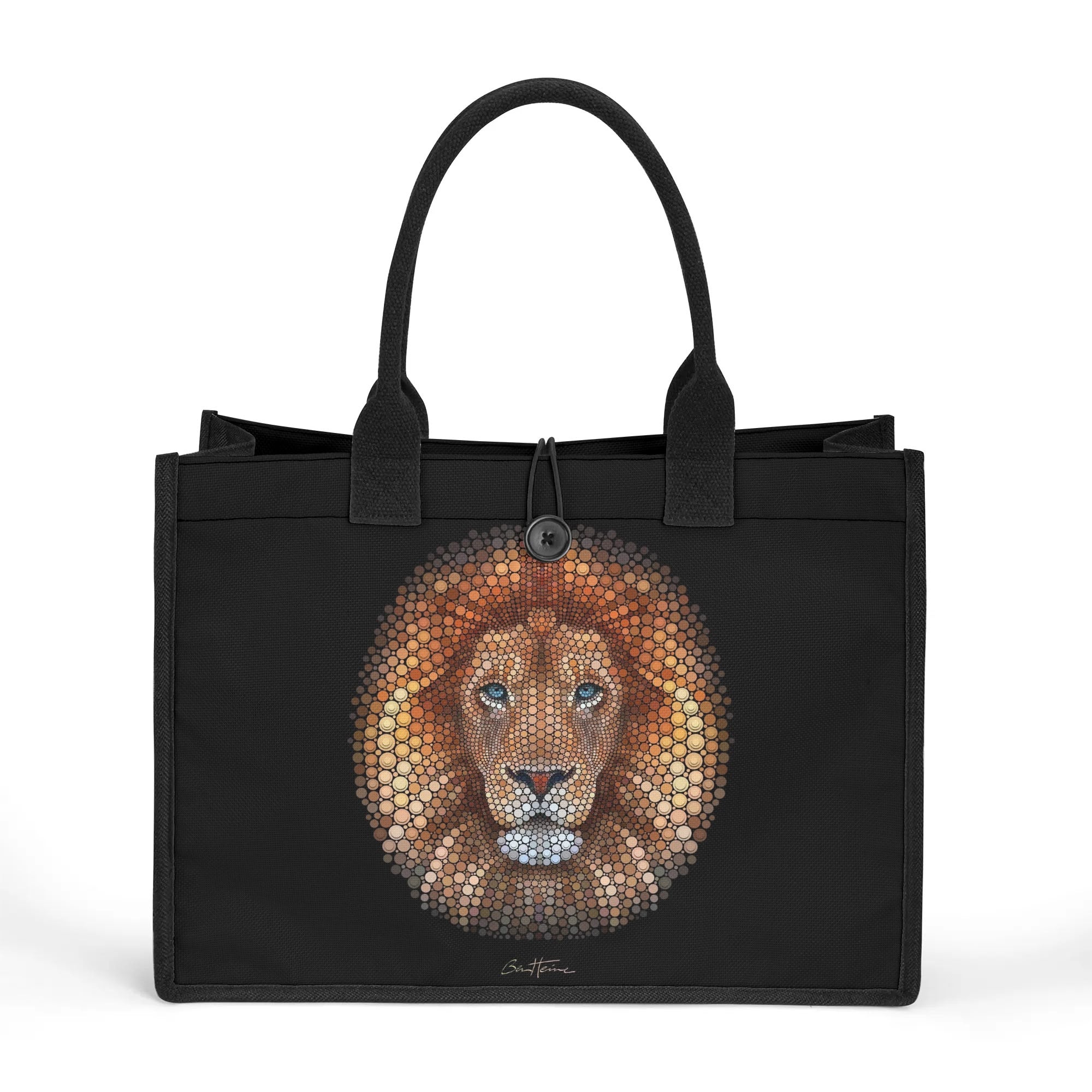 Ben Heine Lion Tote Bag with black canvas fabric, perfect shopping bag for women and moms