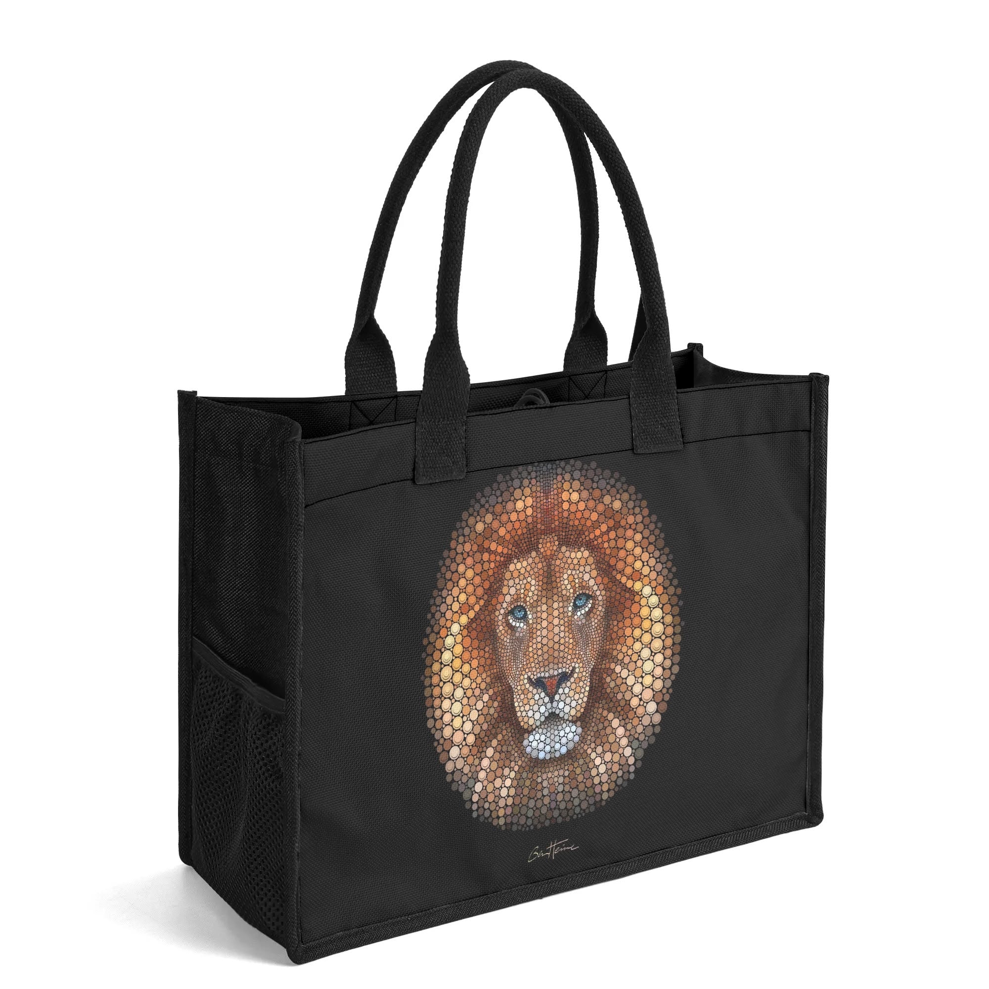 Ben Heine Lion Tote Bag with black canvas fabric. Premium shopping tote bag for women and moms.