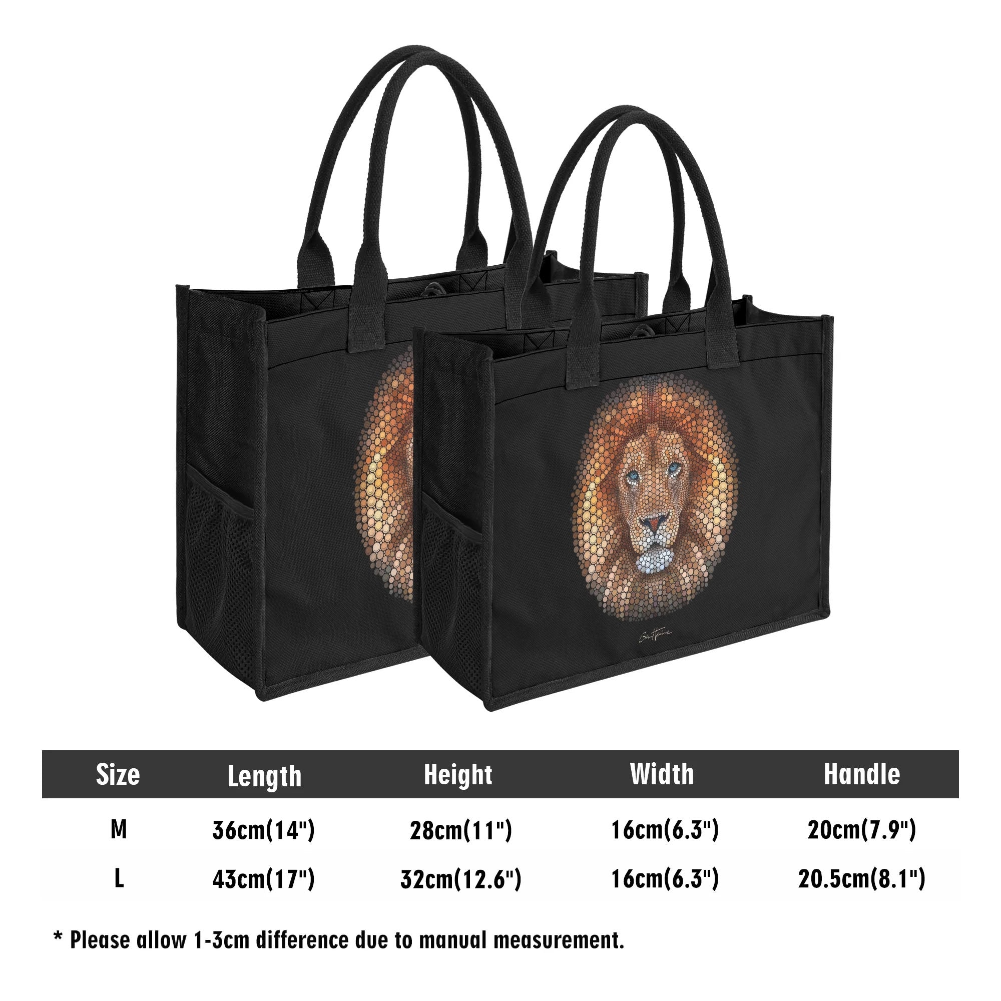 Premium black canvas tote bag with Ben Heine lion mosaic art. Shopping bag gift for women and moms. Includes size details.