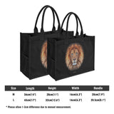 Premium black canvas tote bag with Ben Heine lion mosaic art. Shopping bag gift for women and moms. Includes size details.