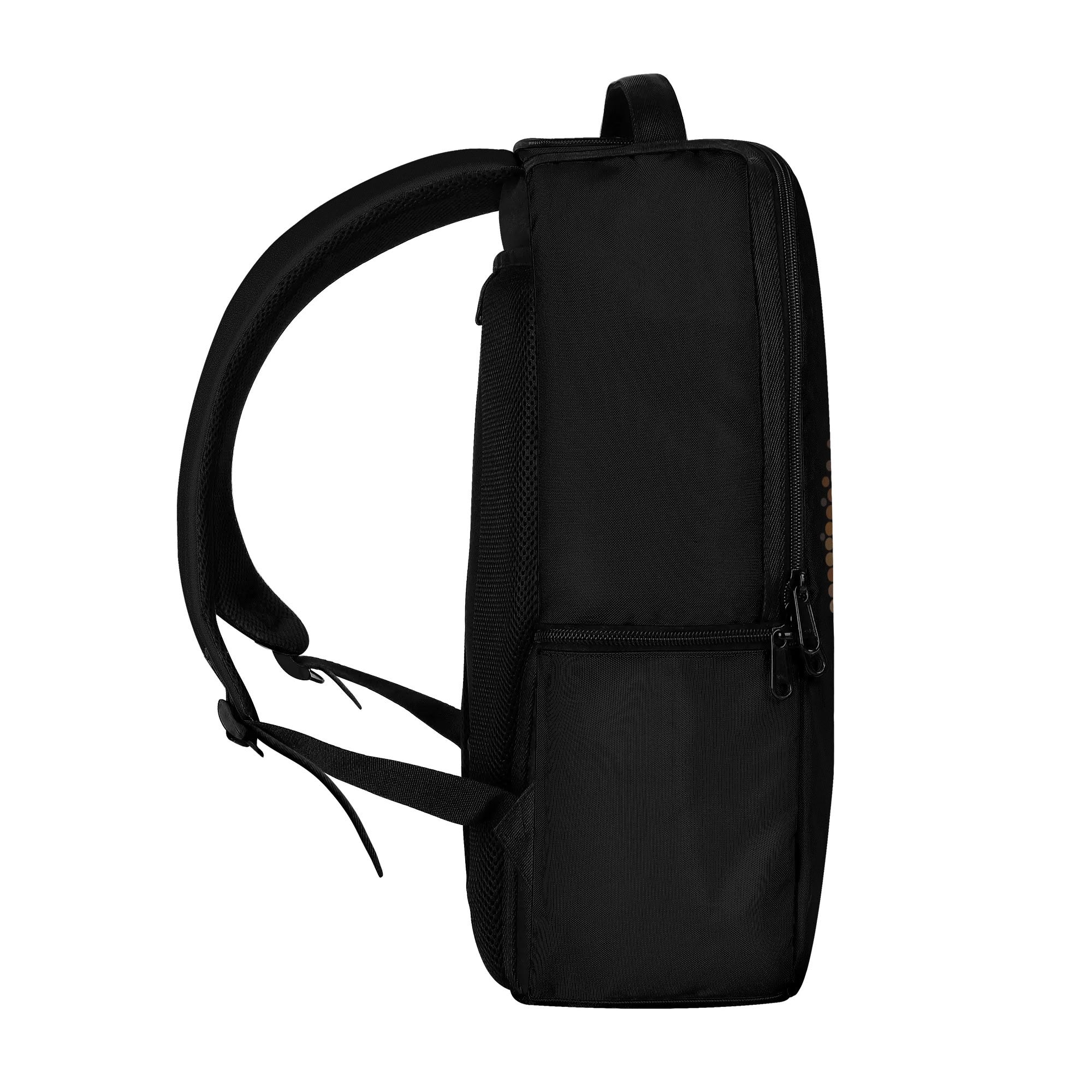 Ben Heine Lion Backpack side view, black polyester travel backpack with lion art, school backpack