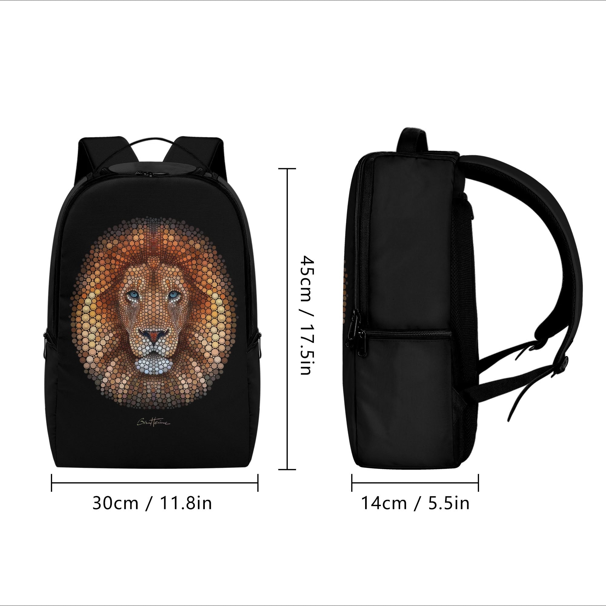 Ben Heine Lion Chain Backpack - Black polyester backpack with lion art, school bag for travel, 45cm/17.5in
