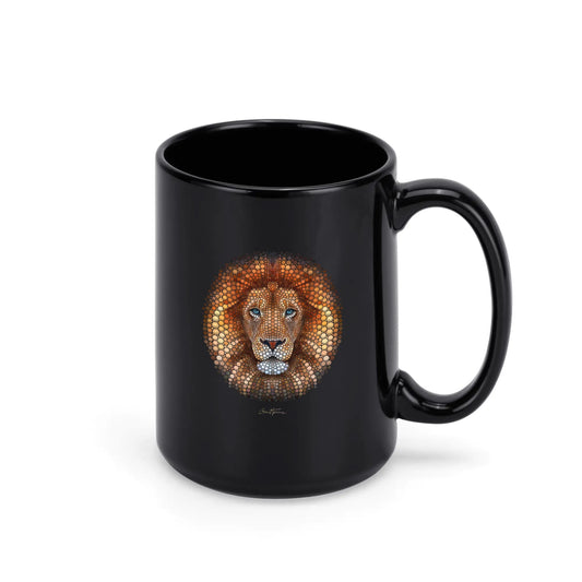 Black coffee mug featuring Ben Heine's lion art, a classic ceramic cup for home and office.