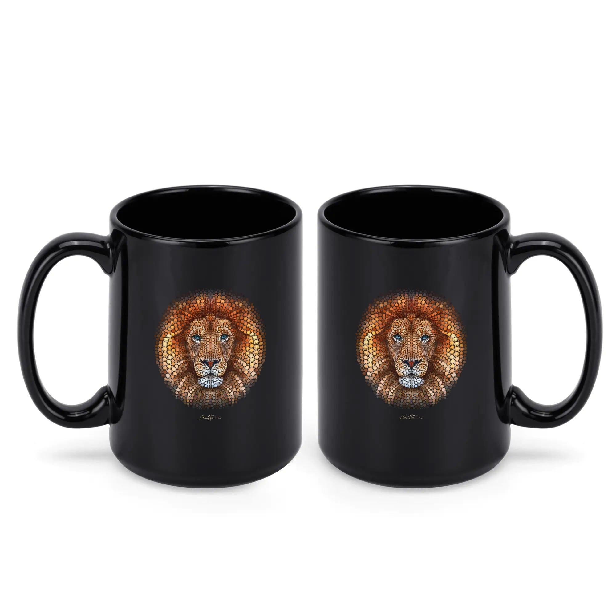 Black coffee mug with Ben Heine lion art, classic ceramic cup for home and office, 15oz tea cup