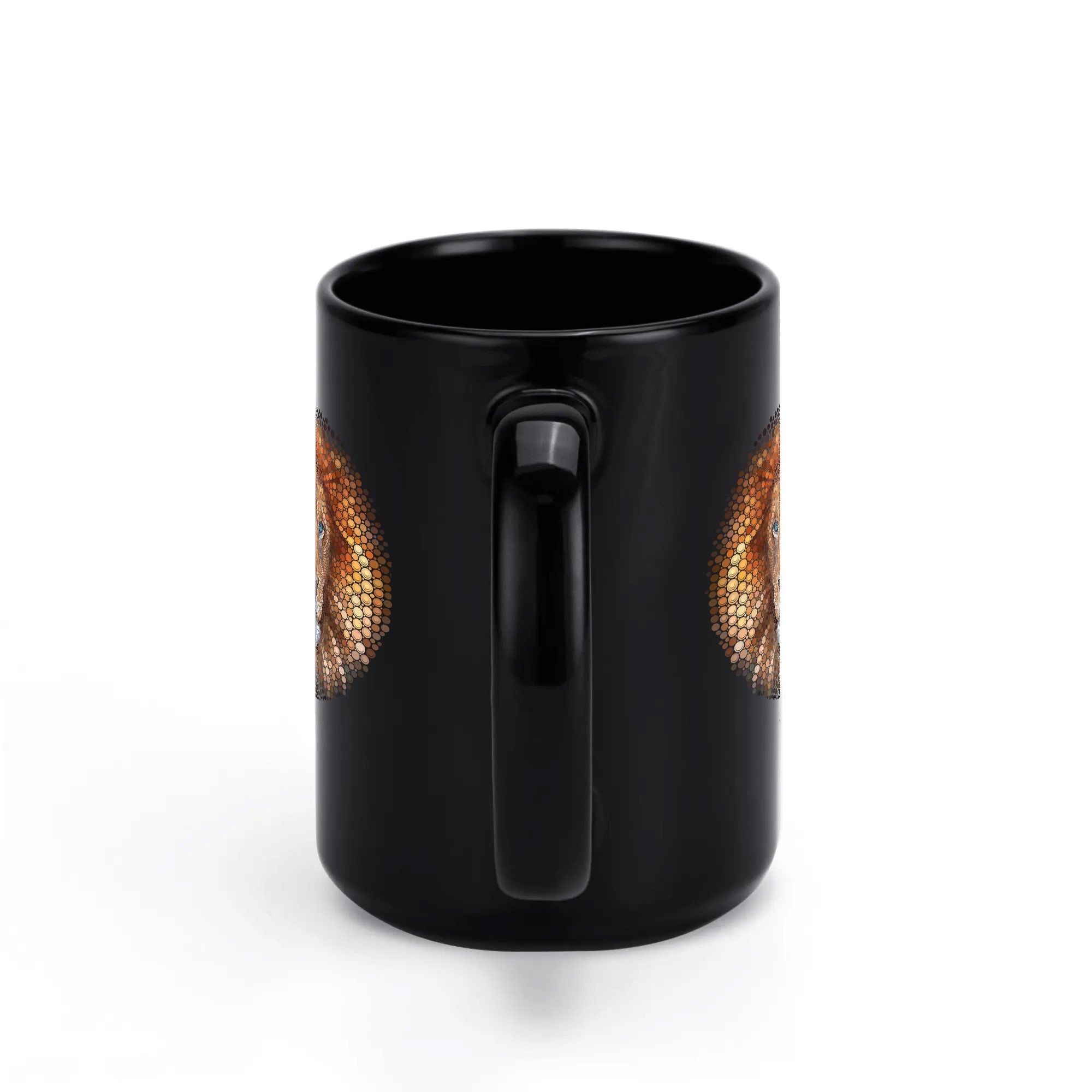 Black coffee mug with Ben Heine's lion art, a ceramic cup for home and office.