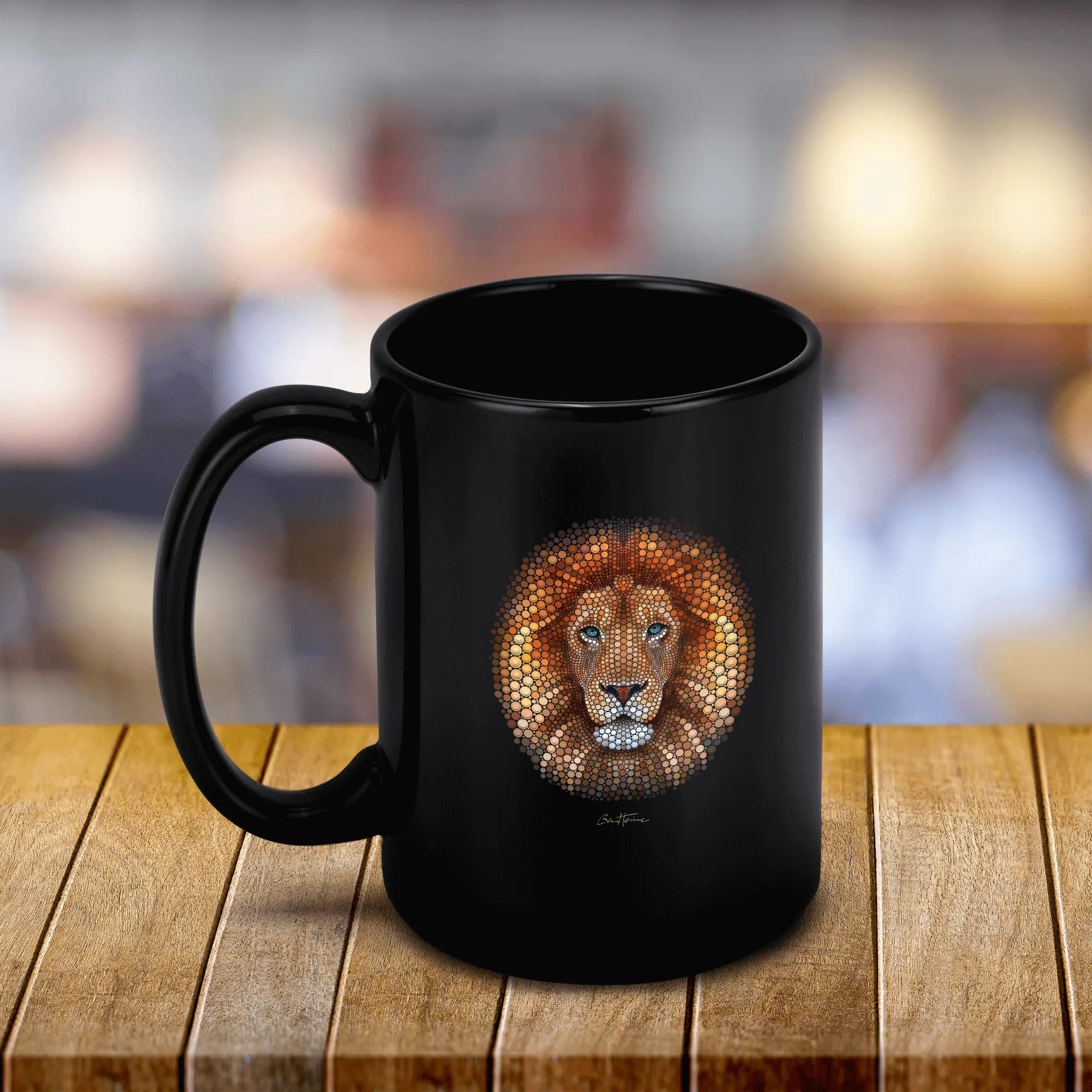 Black ceramic coffee mug featuring Ben Heine lion art, a classic cup for home and office.