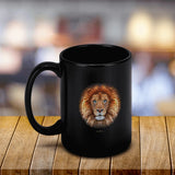 Black ceramic coffee mug featuring Ben Heine lion art, a classic cup for home and office.