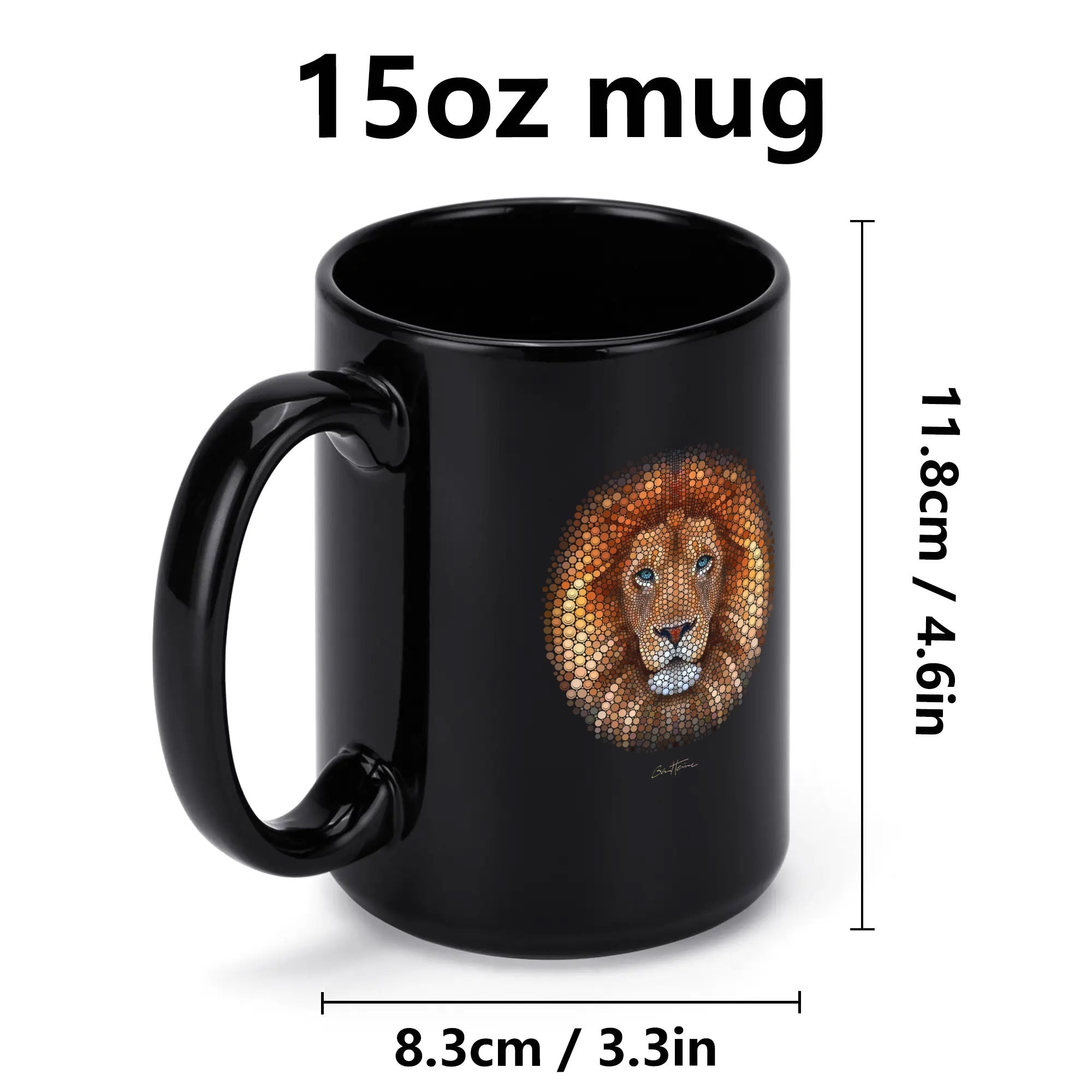 Black ceramic 15oz coffee mug with Ben Heine lion art, perfect for home or office use.