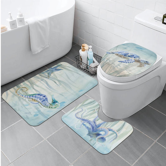 Watercolor Ocean Animal Toilet Set, featuring seahorse, starfish, turtle, and octopus on non-slip bathroom rugs.