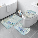 Watercolor Ocean Animal Toilet Set, featuring seahorse, starfish, turtle, and octopus on non-slip bathroom rugs.