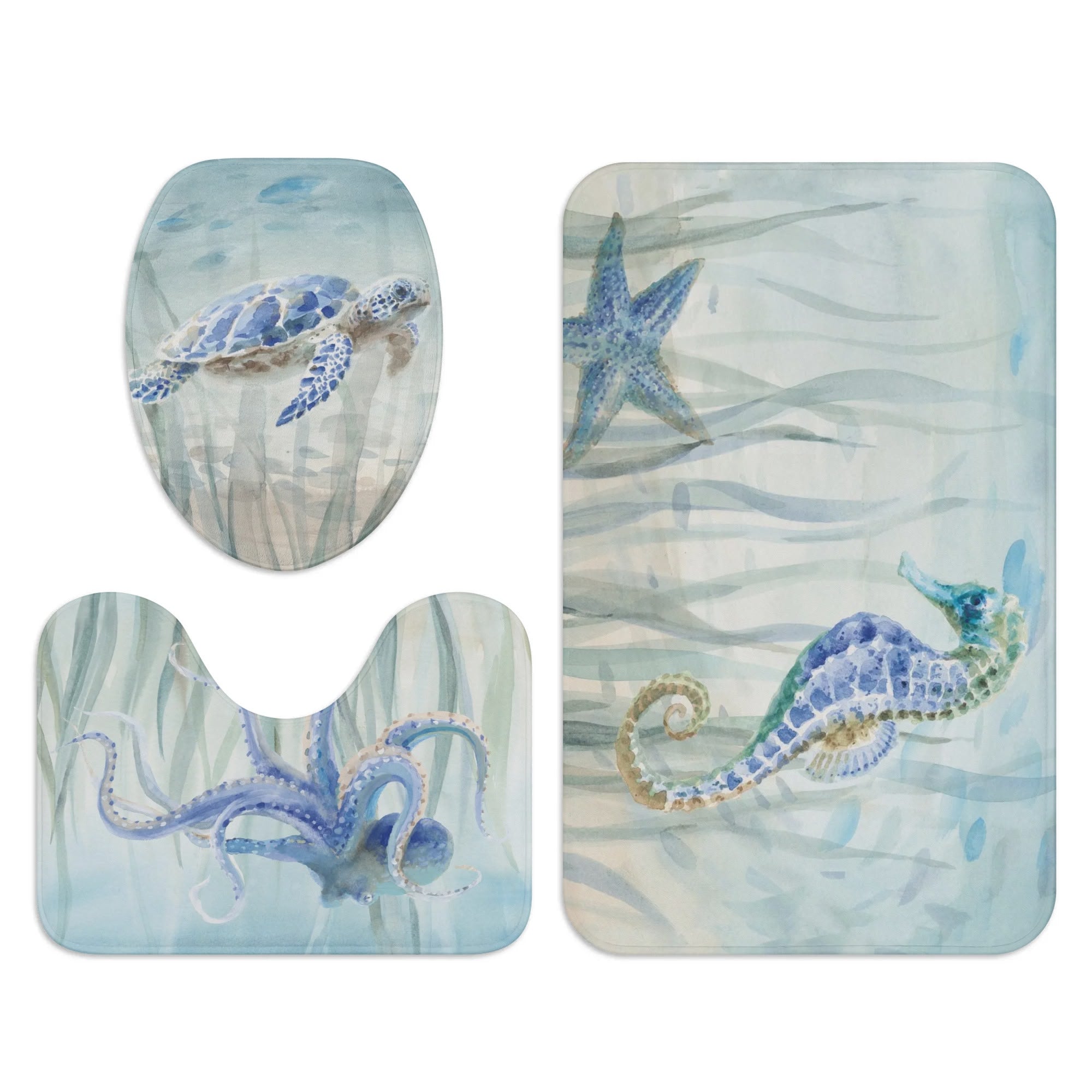 Watercolor ocean animal bathroom set with turtle, octopus, starfish, and seahorse; non-slip bathroom rug.