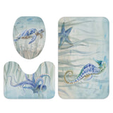Watercolor ocean animal bathroom set with turtle, octopus, starfish, and seahorse; non-slip bathroom rug.