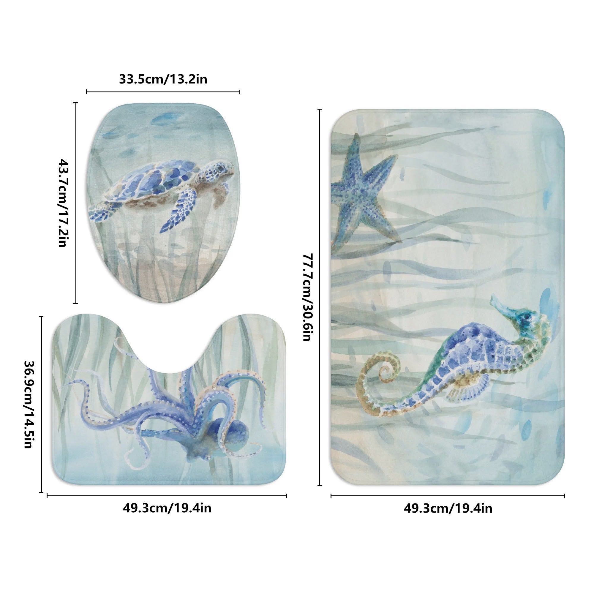 Watercolor Ocean Animal Toilet Set - featuring seahorse, starfish, turtle, and octopus, 3-piece bathroom rug set