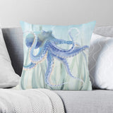 Water color octopus and sea horse art pillow cover, double-sided printing, soft fleece material