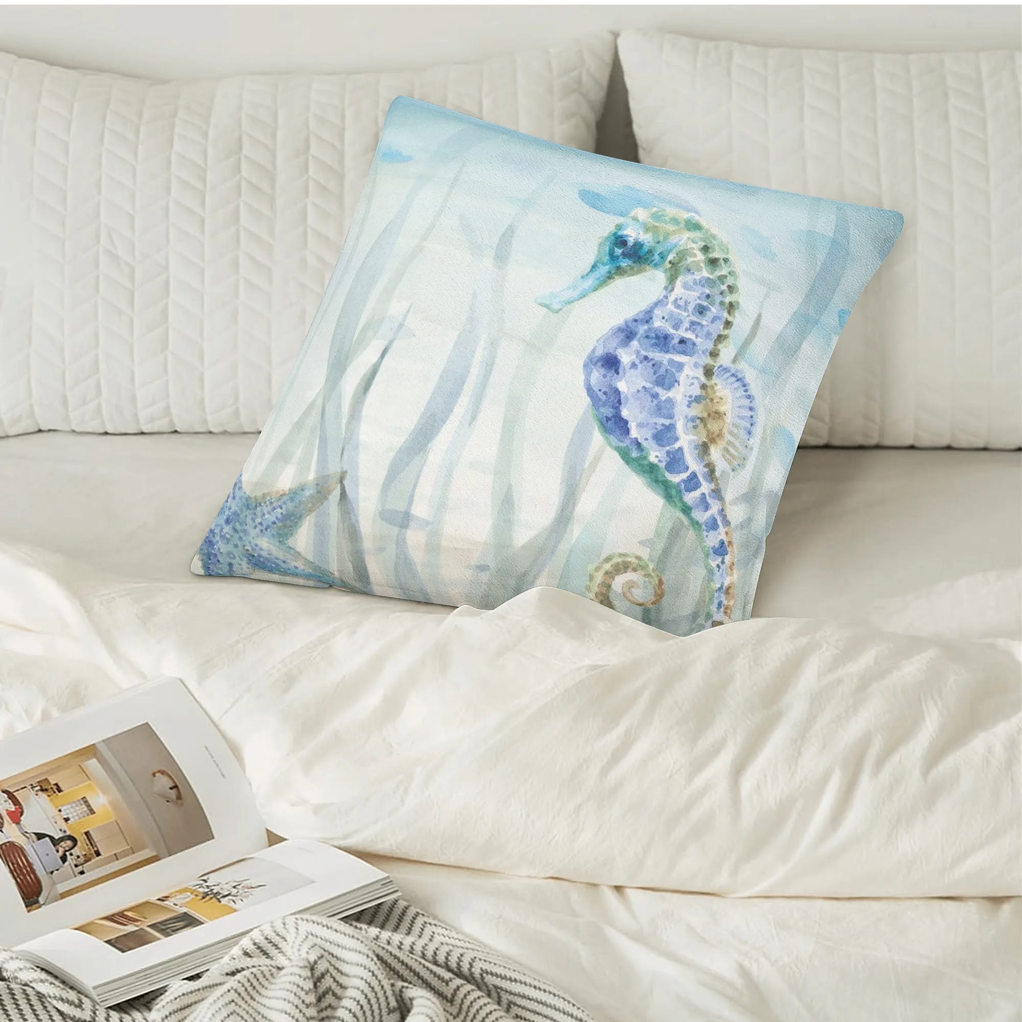 Watercolor seahorse art pillow cover on bed, soft fleece material, home decor