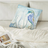 Watercolor seahorse art pillow cover on bed, soft fleece material, home decor