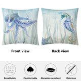 Watercolor octopus and seahorse art pillow cover with breathable, comfortable, abrasion-resistant, and odorless features.