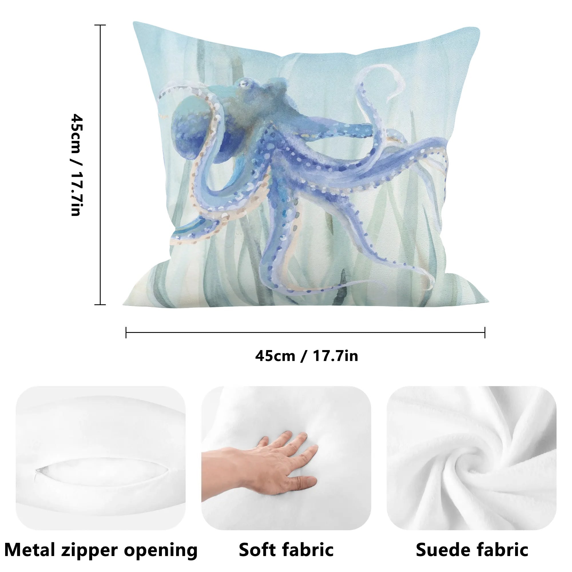 Watercolor octopus art pillow cover, 45x45cm, soft fleece with zipper, perfect home decor