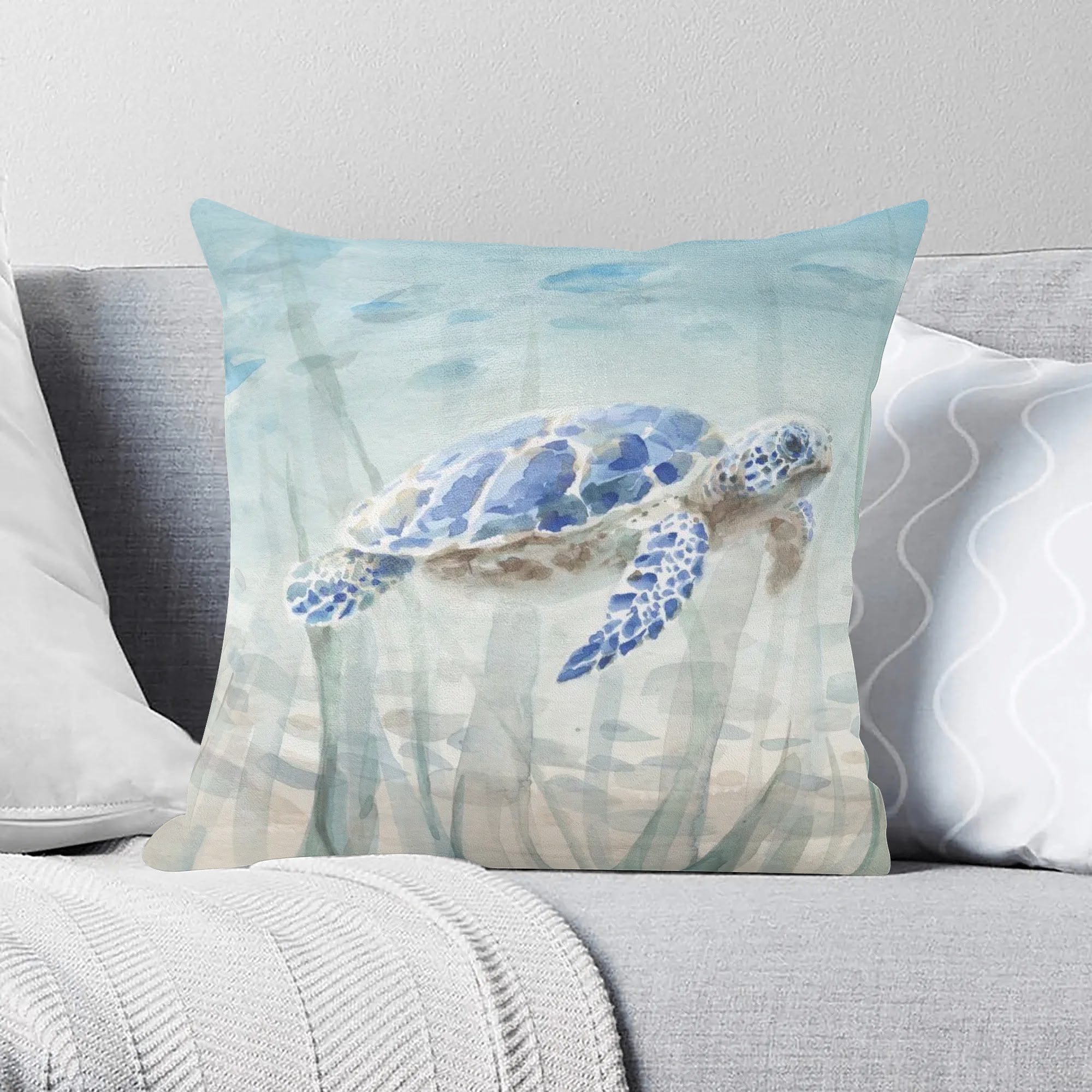 Sea turtle and octopus watercolor pillow cover in blue, home decor