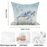 Sea turtle watercolor pillow cover, blue fleece material, 45x45cm, metal zipper, soft fabric, suede texture, home decor.