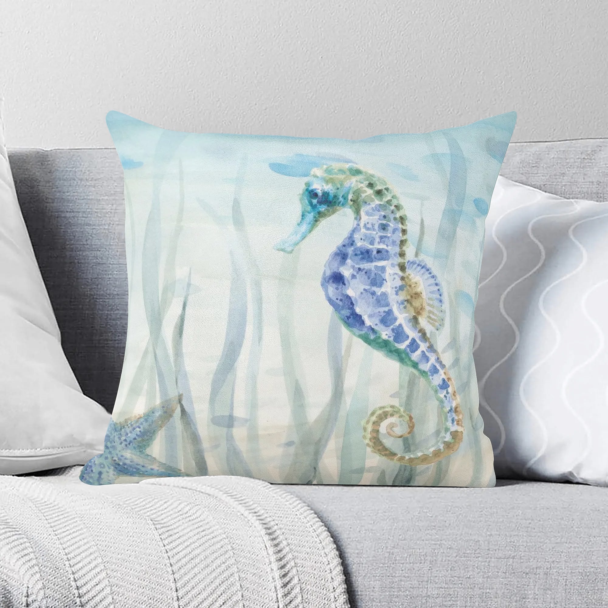 Seahorse and octopus watercolor art pillow cover, double-sided print, home decor