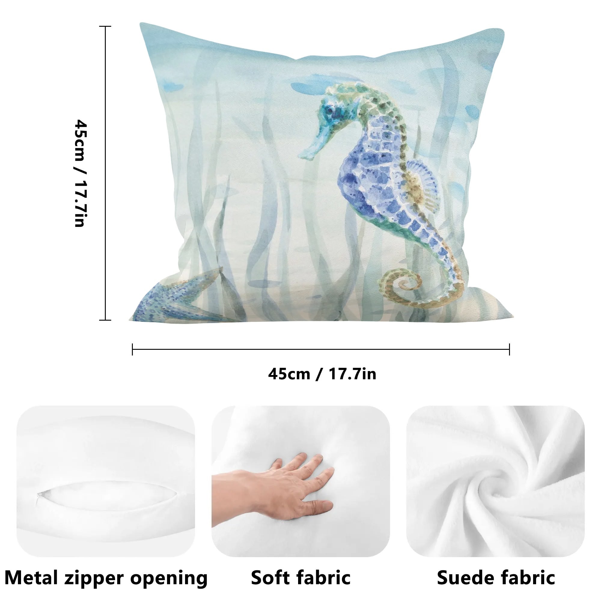 Seahorse watercolor art pillow cover, double-sided print, soft fabric, with metal zipper, 45x45cm home decor