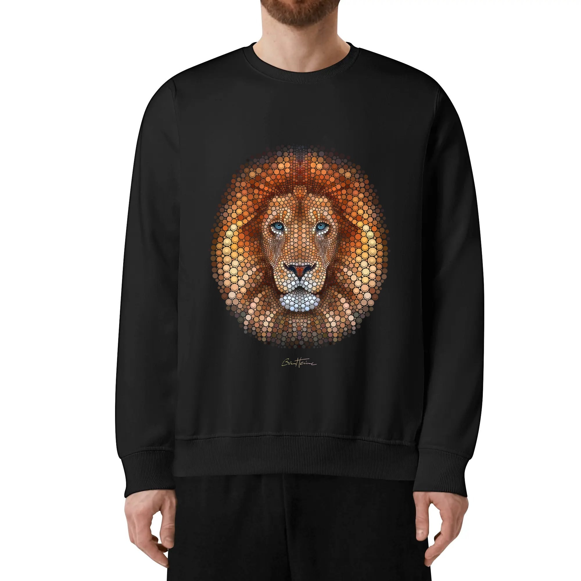 Black cotton sweatshirt featuring Ben Heine African Lion art print, unisex adult hoodie