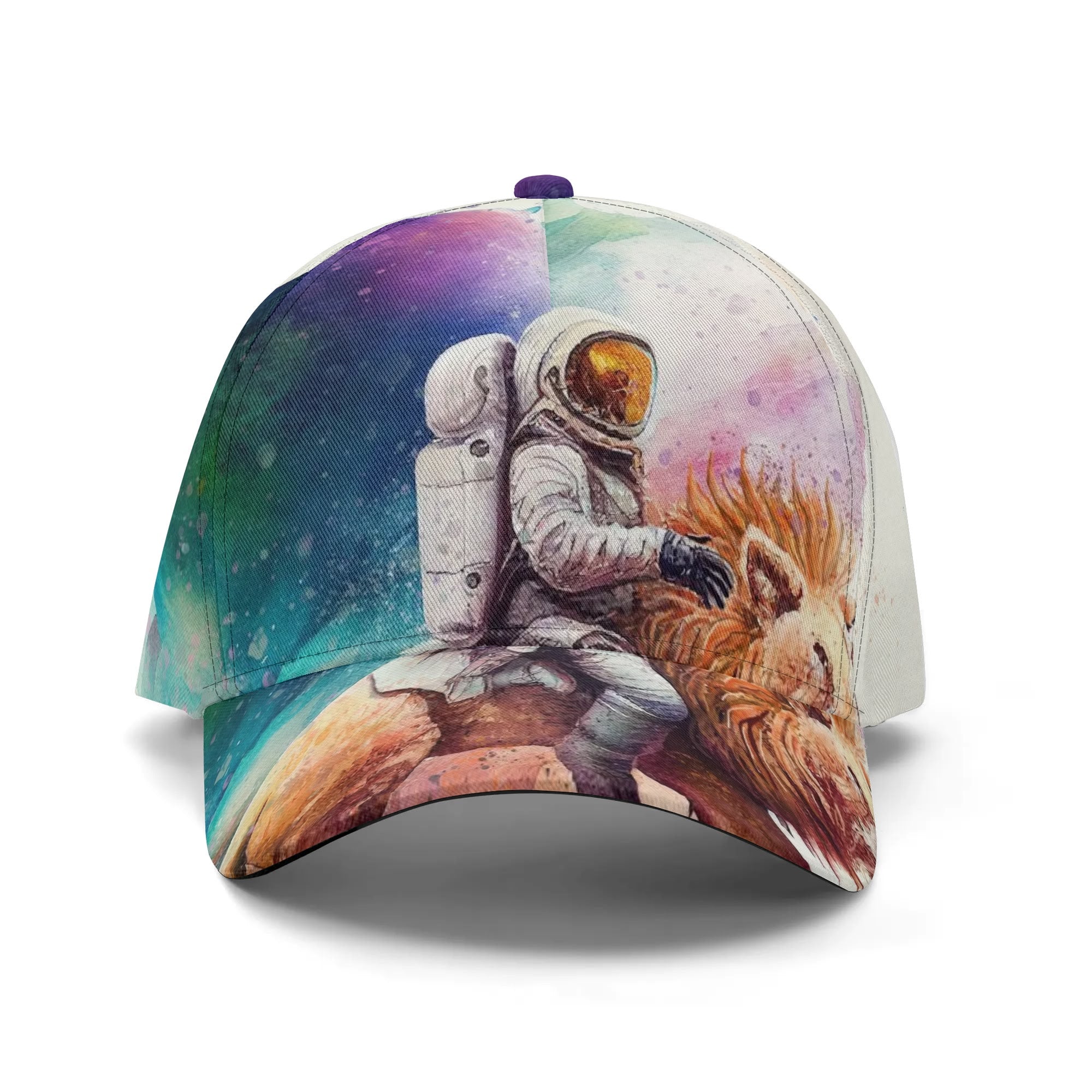 Unisex baseball cap with astronaut riding a lion design, adjustable cotton hat.