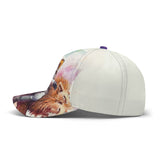 Baseball cap with astronaut and lion art. Adjustable cotton hat, unisex, all over printing design.