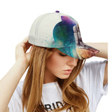 All Over Printing baseball cap with astronaut galaxy art. Adjustable unisex cotton hat, perfect for a stylish gift.