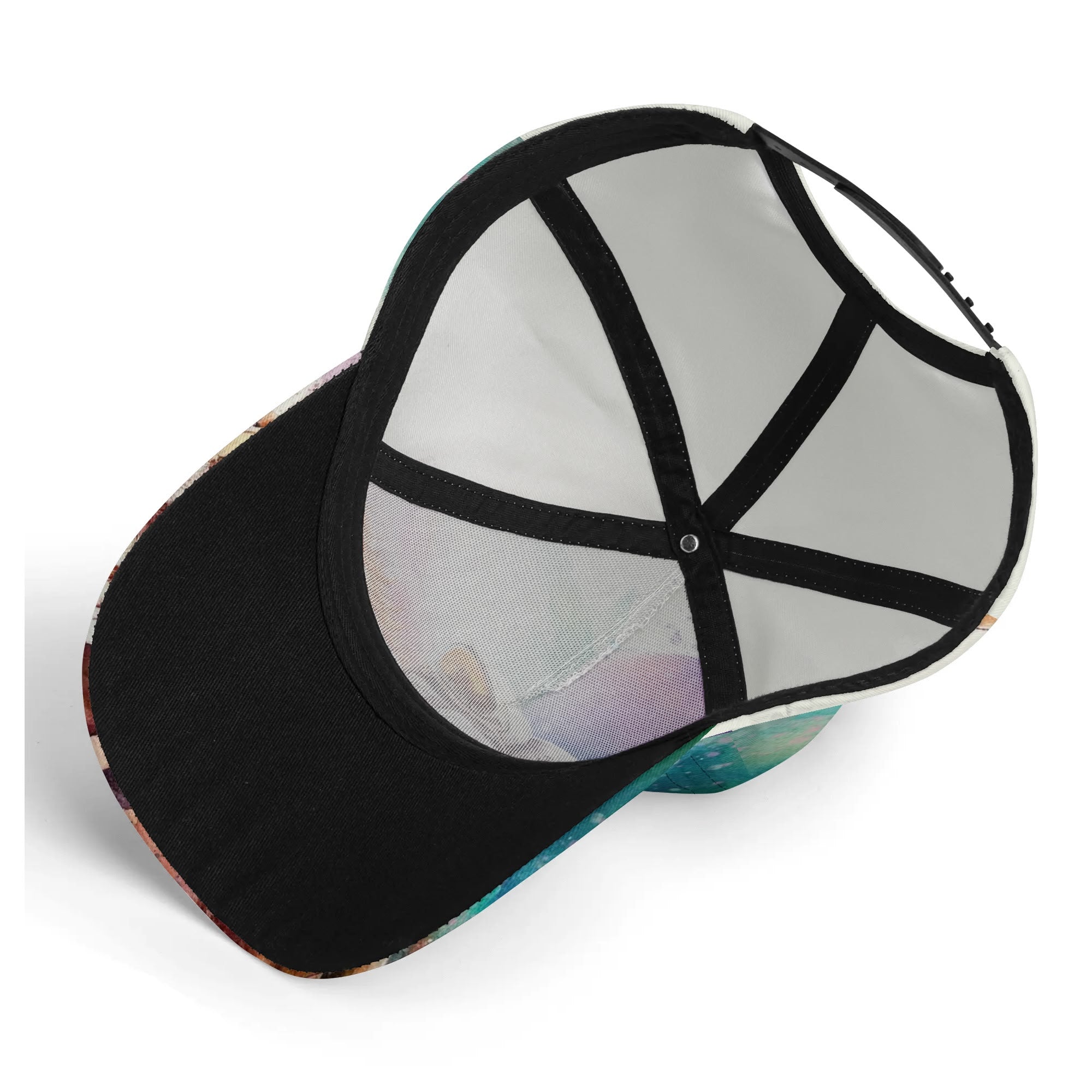 Baseball cap with all over printing. Adjustable cotton hat, unisex design, black brim, and colorful printed pattern