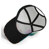 Baseball cap with all over printing. Adjustable cotton hat, unisex design, black brim, and colorful printed pattern