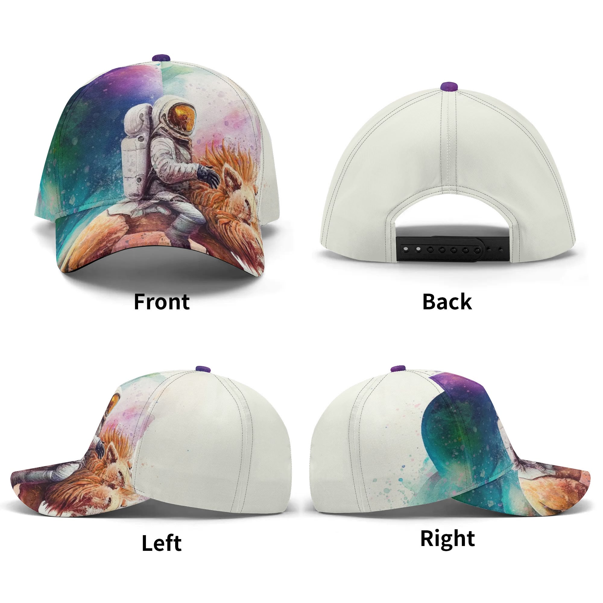 Astronaut and lion art baseball cap, unisex design, all over printing, adjustable, featuring stylish graphic.