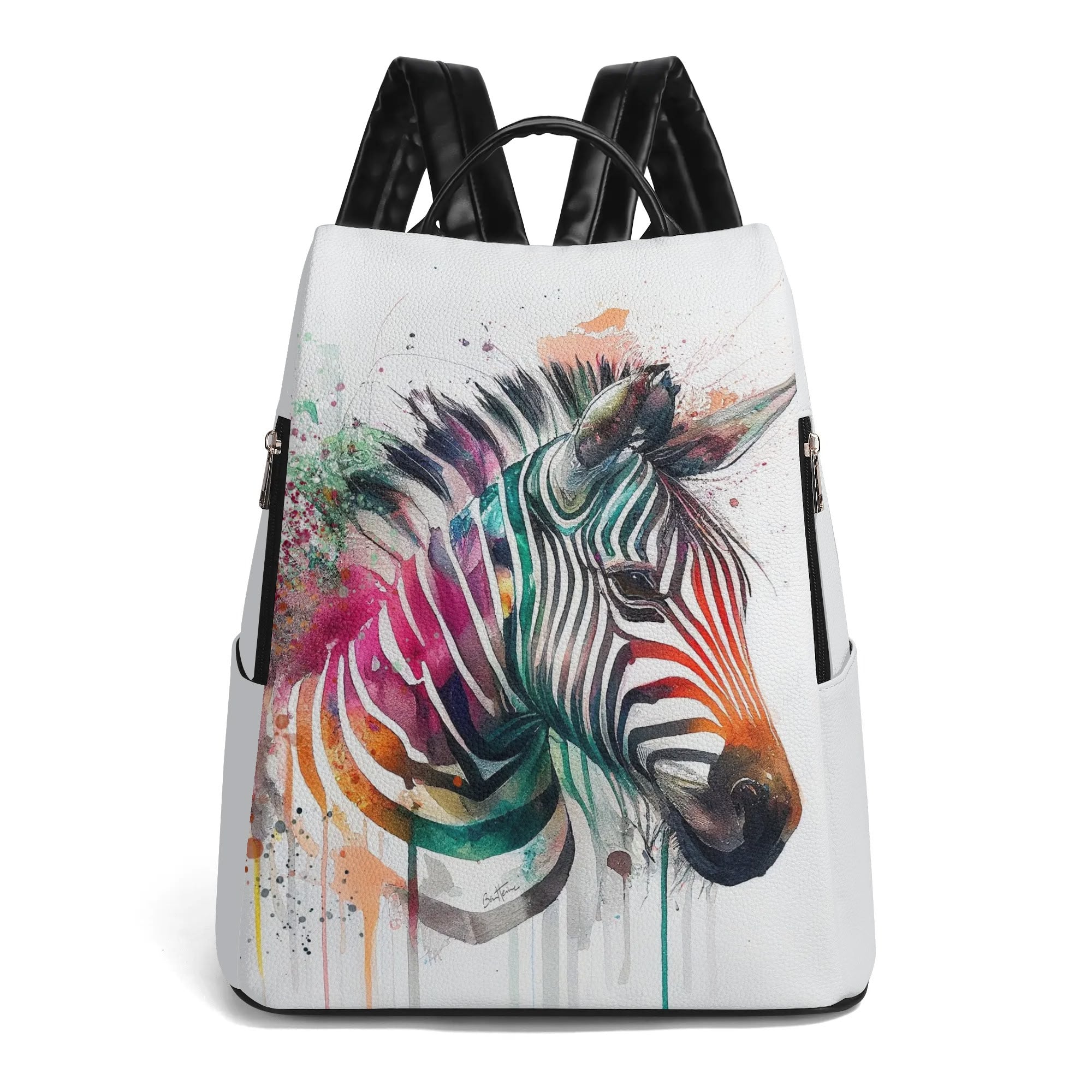 Women's PU leather travel backpack with colorful zebra print and anti-theft design