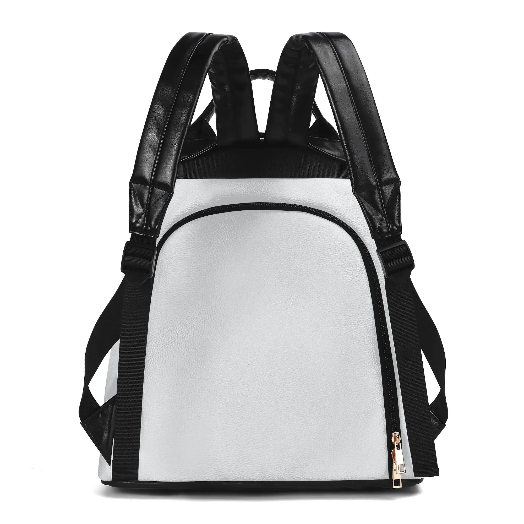 White PU leather women's anti-theft backpack with black straps and gold zipper details